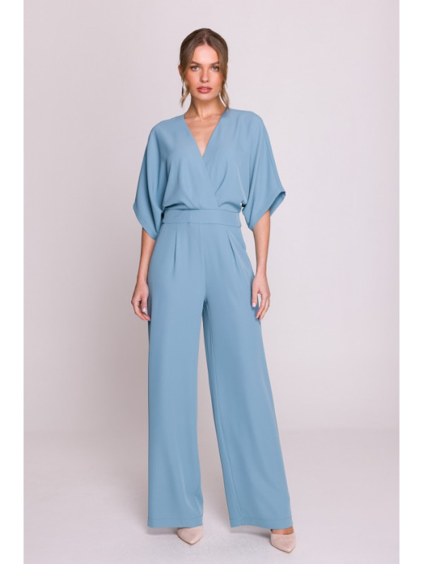 S395 Wide leg jumpsuit with wrap neckline - sky blue
