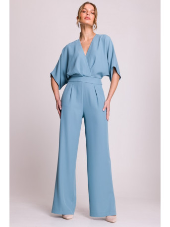 S395 Wide leg jumpsuit with wrap neckline - sky blue