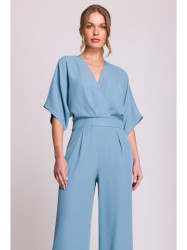 S395 Wide leg jumpsuit with wrap neckline - sky blue