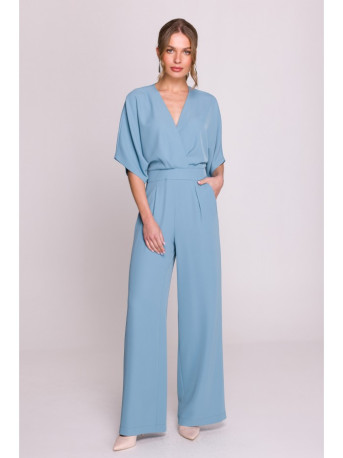 S395 Wide leg jumpsuit with wrap neckline - sky blue