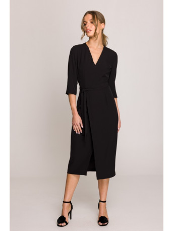 S396 Mid-length dress with wrap detail - black