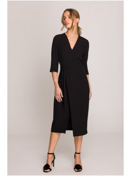 S396 Mid-length dress with wrap detail - black