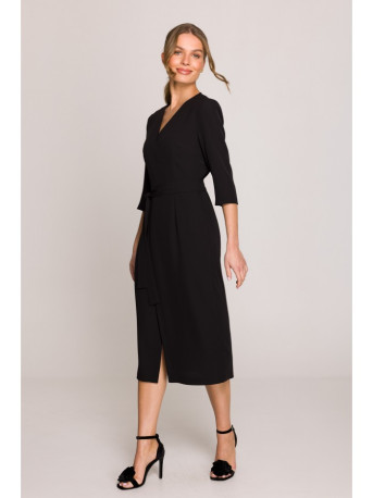 S396 Mid-length dress with wrap detail - black