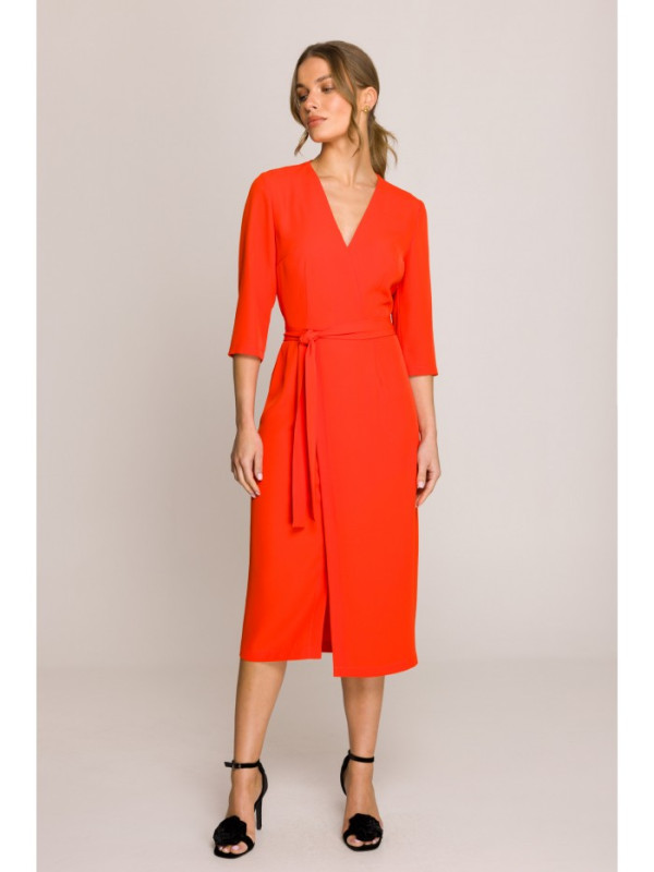 S396 Mid-length dress with wrap detail - coral