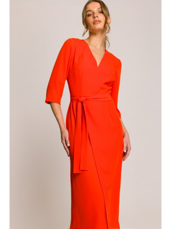 S396 Mid-length dress with wrap detail - coral