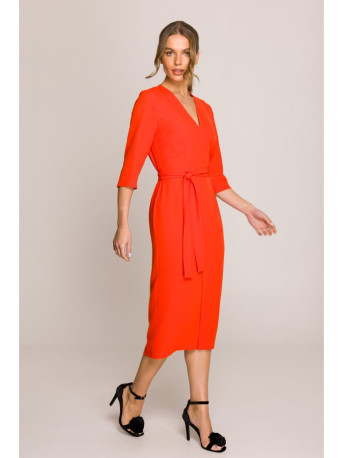 S396 Mid-length dress with wrap detail - coral
