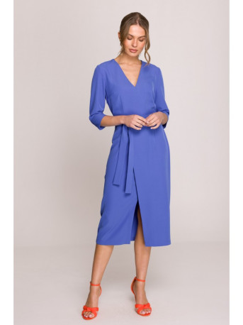 S396 Mid-length dress with wrap detail - blue