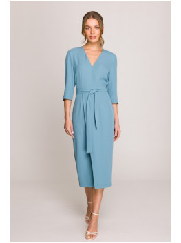 S396 Mid-length dress with wrap detail - sky blue