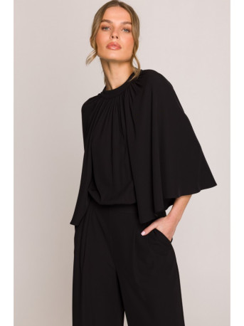 S397 Wide sleeve jumpsuit with split back - black