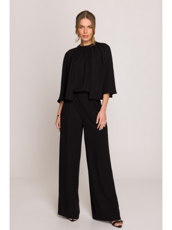 S397 Wide sleeve jumpsuit with split back - black