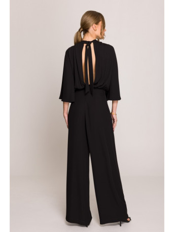 S397 Wide sleeve jumpsuit with split back - black