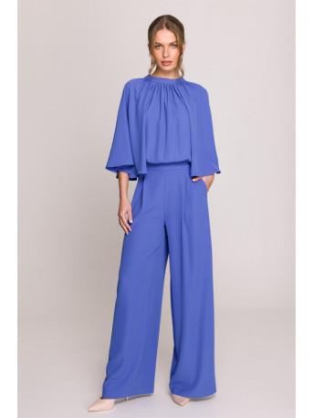 S397 Wide sleeve jumpsuit with split back - blue