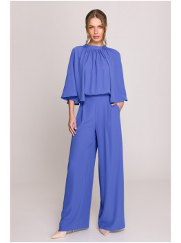 S397 Wide sleeve jumpsuit with split back - blue