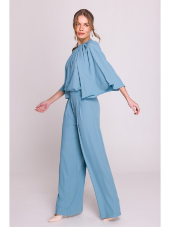 S397 Wide sleeve jumpsuit with split back - sky blue