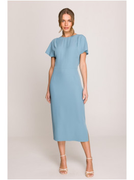S398 Pencil dress with split on the side - sky blue