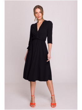S404 Fit and flare knit dress with a tie belt - black