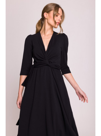 S404 Fit and flare knit dress with a tie belt - black