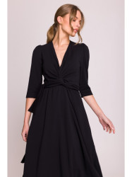 S404 Fit and flare knit dress with a tie belt - black
