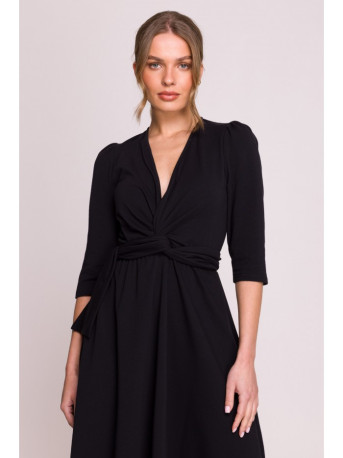 S404 Fit and flare knit dress with a tie belt - black