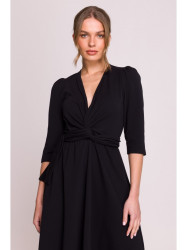 S404 Fit and flare knit dress with a tie belt - black