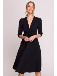 S404 Fit and flare knit dress with a tie belt - black