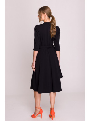 S404 Fit and flare knit dress with a tie belt - black