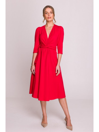 S404 Fit and flare knit dress with a tie belt - red