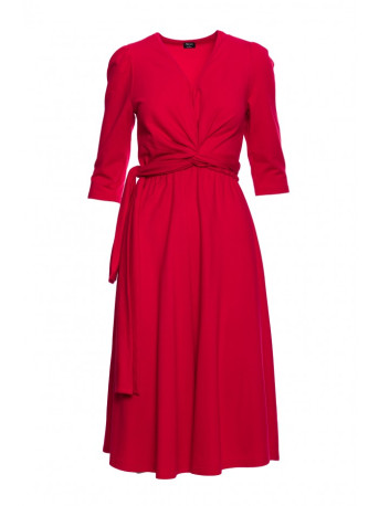 S404 Fit and flare knit dress with a tie belt - red