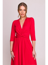 S404 Fit and flare knit dress with a tie belt - red