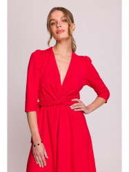 S404 Fit and flare knit dress with a tie belt - red