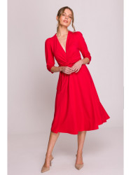 S404 Fit and flare knit dress with a tie belt - red
