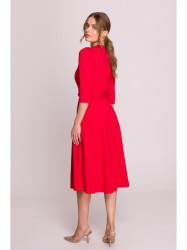 S404 Fit and flare knit dress with a tie belt - red