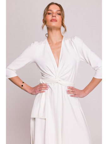 S404 Fit and flare knit dress with a tie belt - ecru