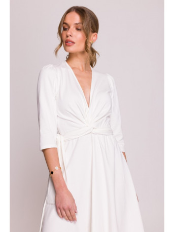 S404 Fit and flare knit dress with a tie belt - ecru