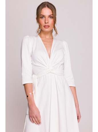 S404 Fit and flare knit dress with a tie belt - ecru