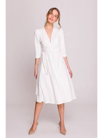 S404 Fit and flare knit dress with a tie belt - ecru