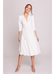 S404 Fit and flare knit dress with a tie belt - ecru