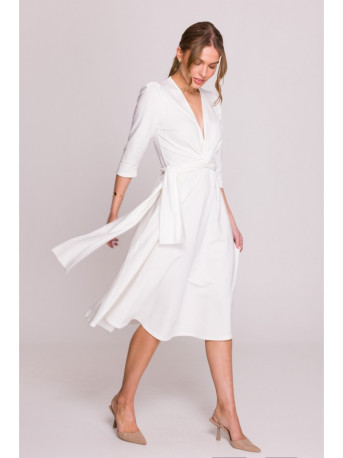 S404 Fit and flare knit dress with a tie belt - ecru
