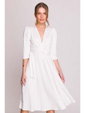 S404 Fit and flare knit dress with a tie belt - ecru
