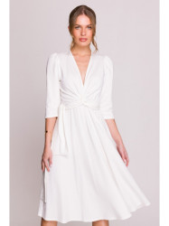 S404 Fit and flare knit dress with a tie belt - ecru