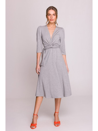 S404 Fit and flare knit dress with a tie belt - grey
