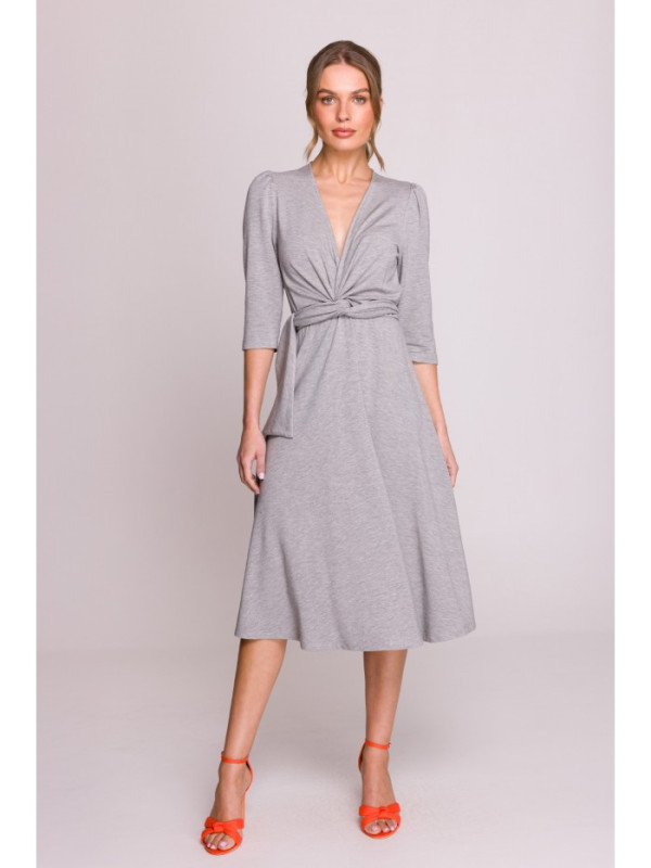 S404 Fit and flare knit dress with a tie belt - grey