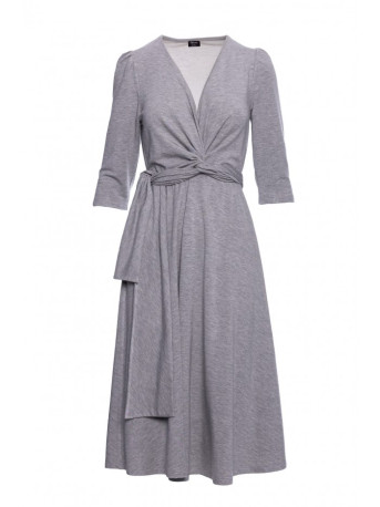S404 Fit and flare knit dress with a tie belt - grey