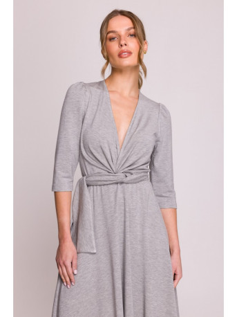 S404 Fit and flare knit dress with a tie belt - grey