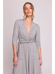 S404 Fit and flare knit dress with a tie belt - grey