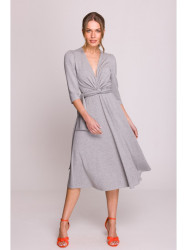 S404 Fit and flare knit dress with a tie belt - grey