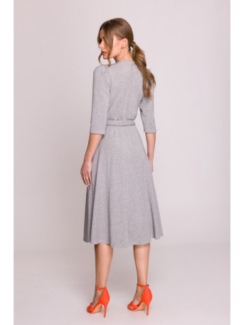 S404 Fit and flare knit dress with a tie belt - grey