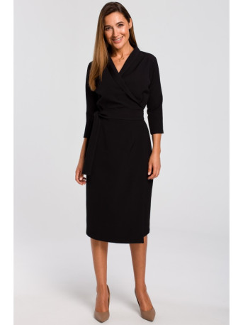 S175 Wrap front dress with a tie detail - black