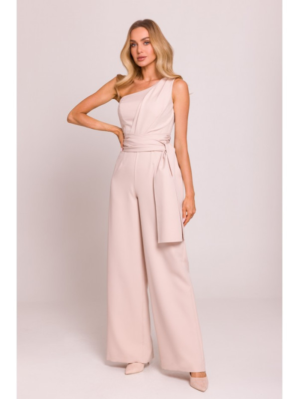 M845 One shoulder jumpsuit with a sash - light beige