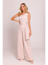 M845 One shoulder jumpsuit with a sash - light beige